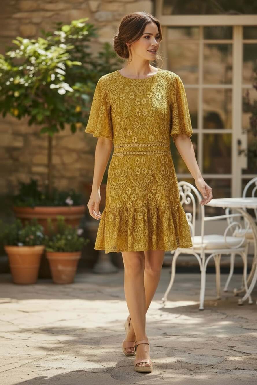 A. Calin Flying Tomato Mustard Lace Dress Boho Floral Midi Small Cottagecore